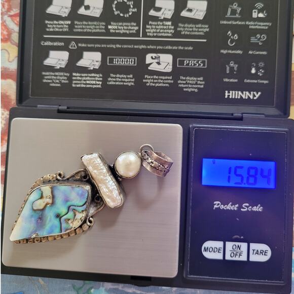 Boho Luxe Vintage 925 Silver Abalone Mother-of-Pearl Pendant Necklace Statement - Picture 4 of 10